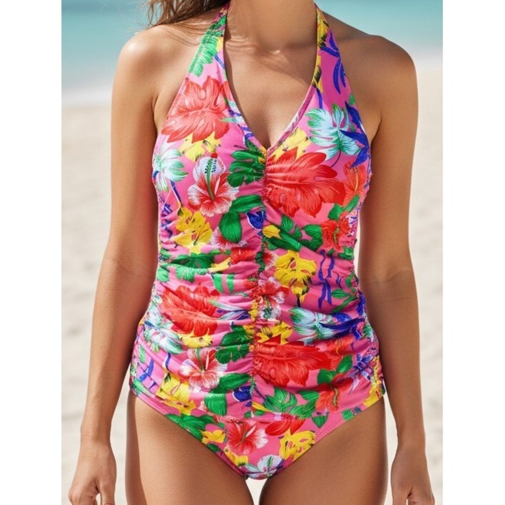 Tropical Floral Halter Tankini Top Size 12 Pink Hibiscus Print Ruched Swimwear‎